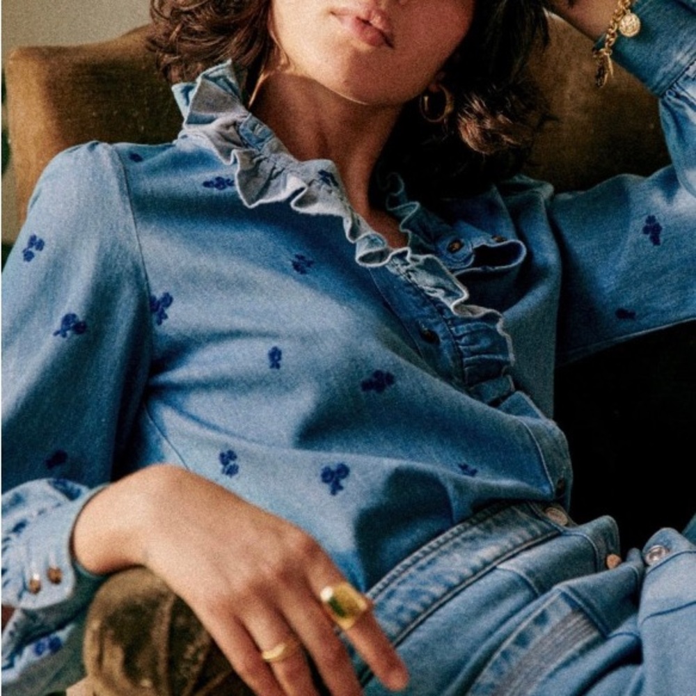 SEZANE Blue Floral Embroidered Denim Cotton Button Down Shirt Ruffle Chlo Shirt